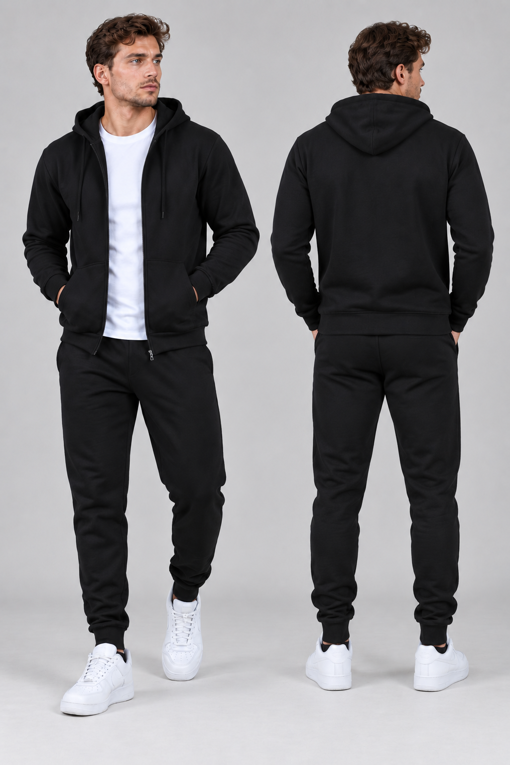 Men's 2 pcs Zipper Hoodie & Drawstring Waist Pant Set | Men's Zip Hoodie Tracksuit Set