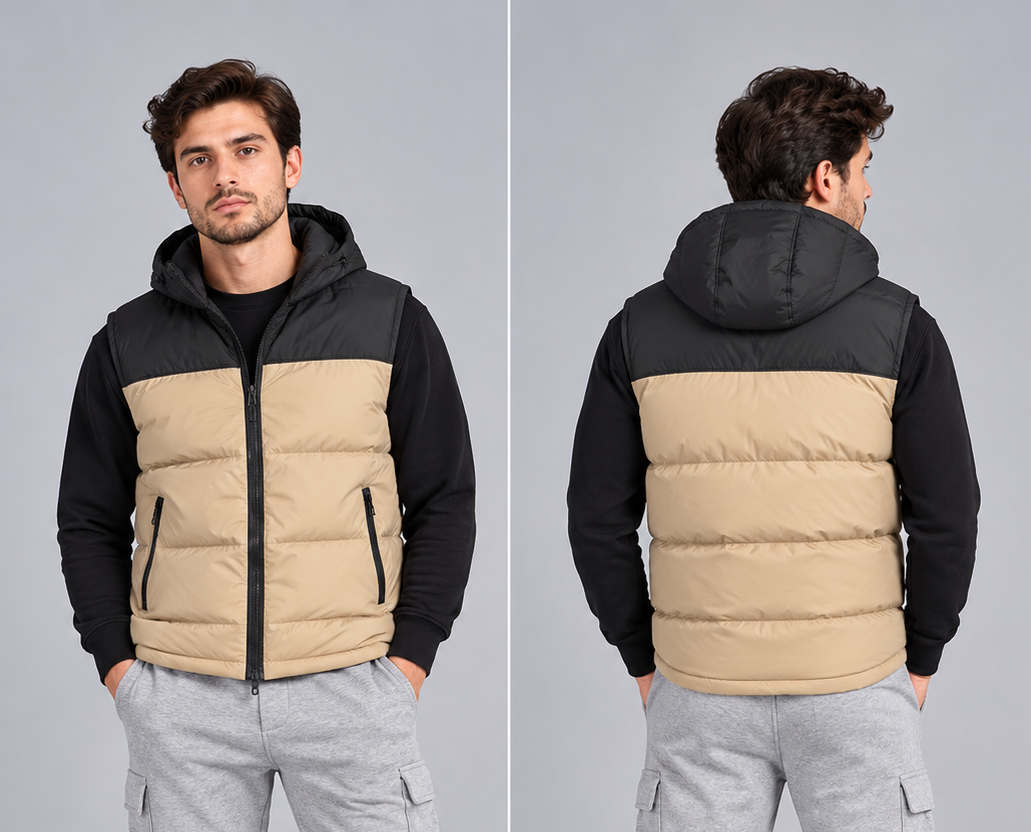 Men's winter thermal puffer vest featuring an insulated, sleeveless quilted design optimized for cold-weather layering