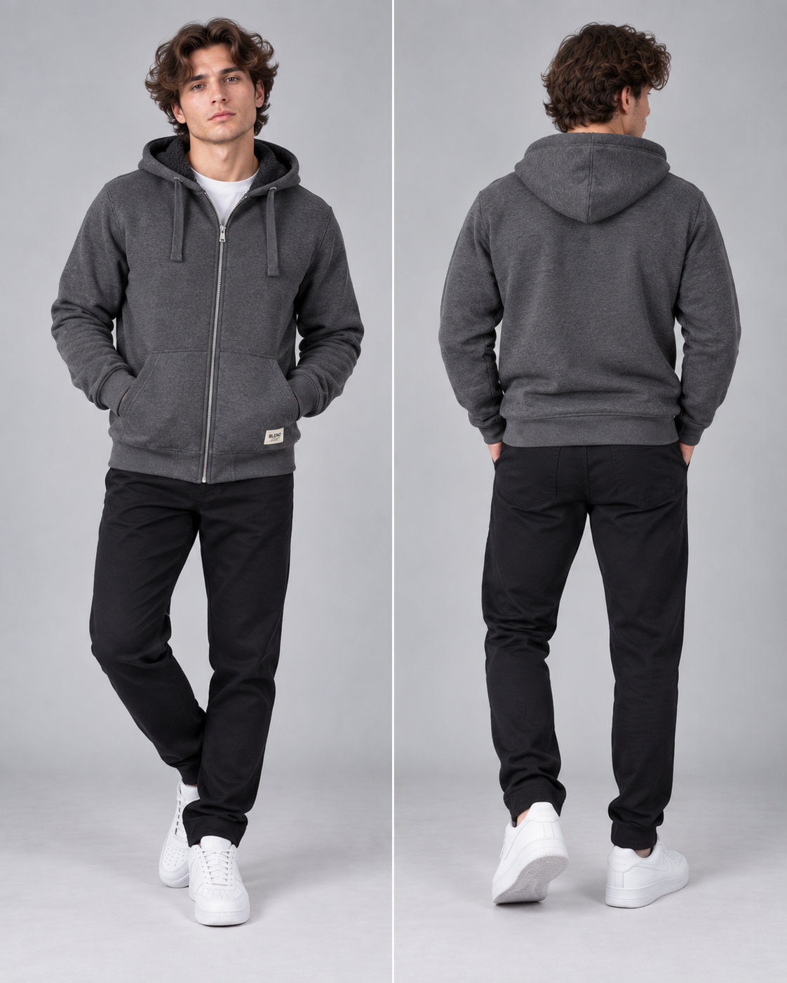 Heavyweight FleMen’s ece Fur-Lined Zip Through Hoodie – Kangaroo Pocket, Ribbed Cuffs & Hem – M–XXL