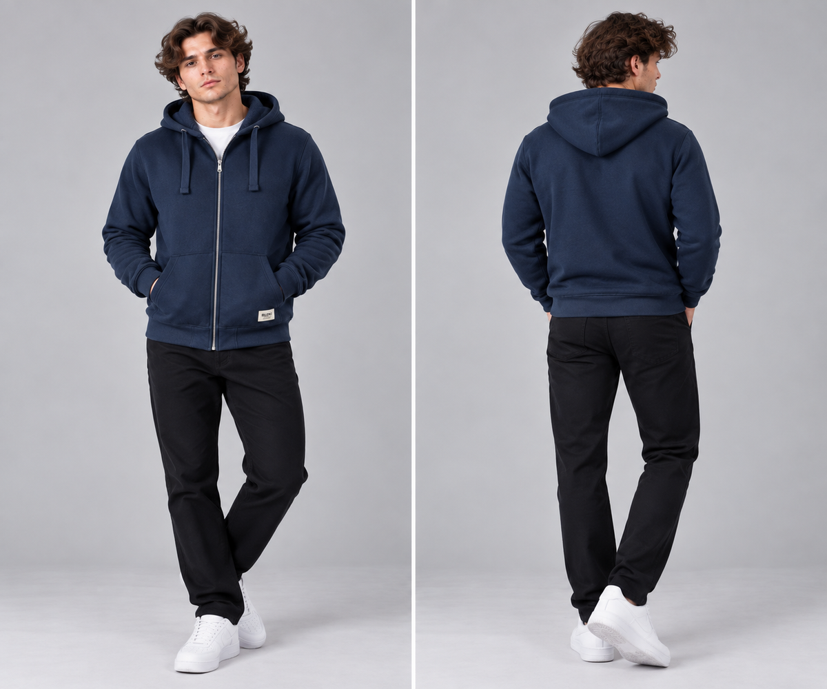 Heavyweight FleMen’s ece Fur-Lined Zip Through Hoodie – Kangaroo Pocket, Ribbed Cuffs & Hem – M–XXL