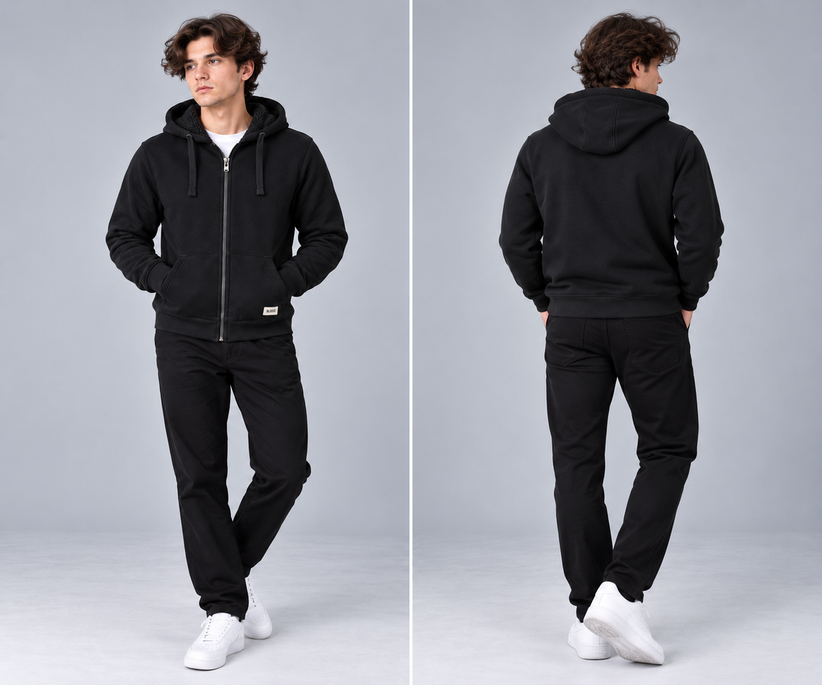 Heavyweight FleMen’s ece Fur-Lined Zip Through Hoodie – Kangaroo Pocket, Ribbed Cuffs & Hem – M–XXL