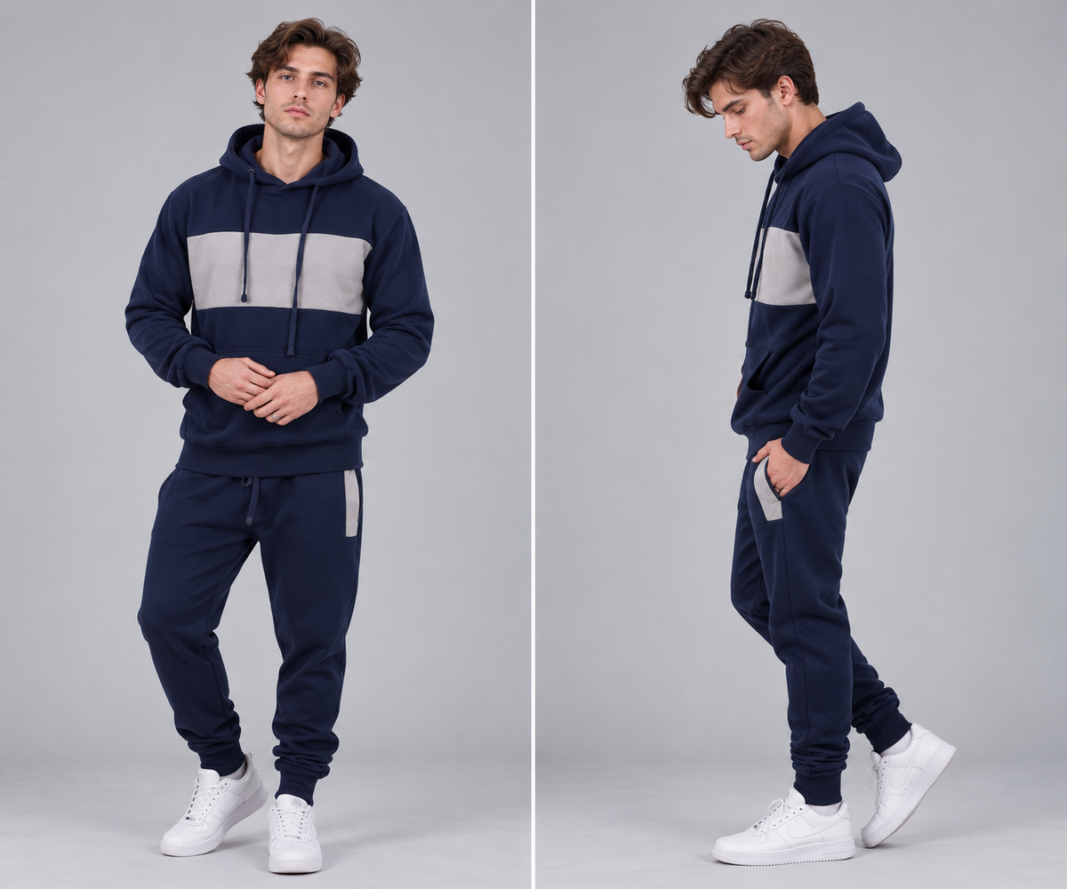 Mens Tracksuit Fleece Pullover Hooded Front Stripe