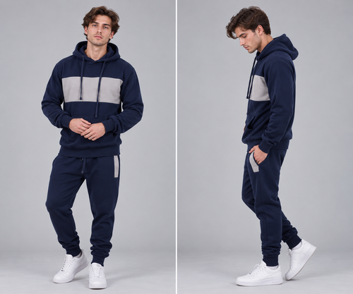 Mens Tracksuit Fleece Pullover Hooded Front Stripe