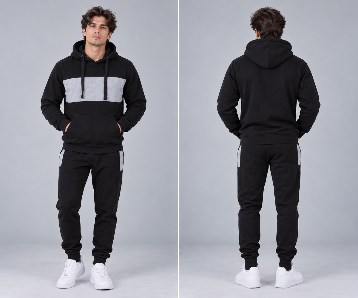 Mens Tracksuit Fleece Pullover Hooded Front Stripe