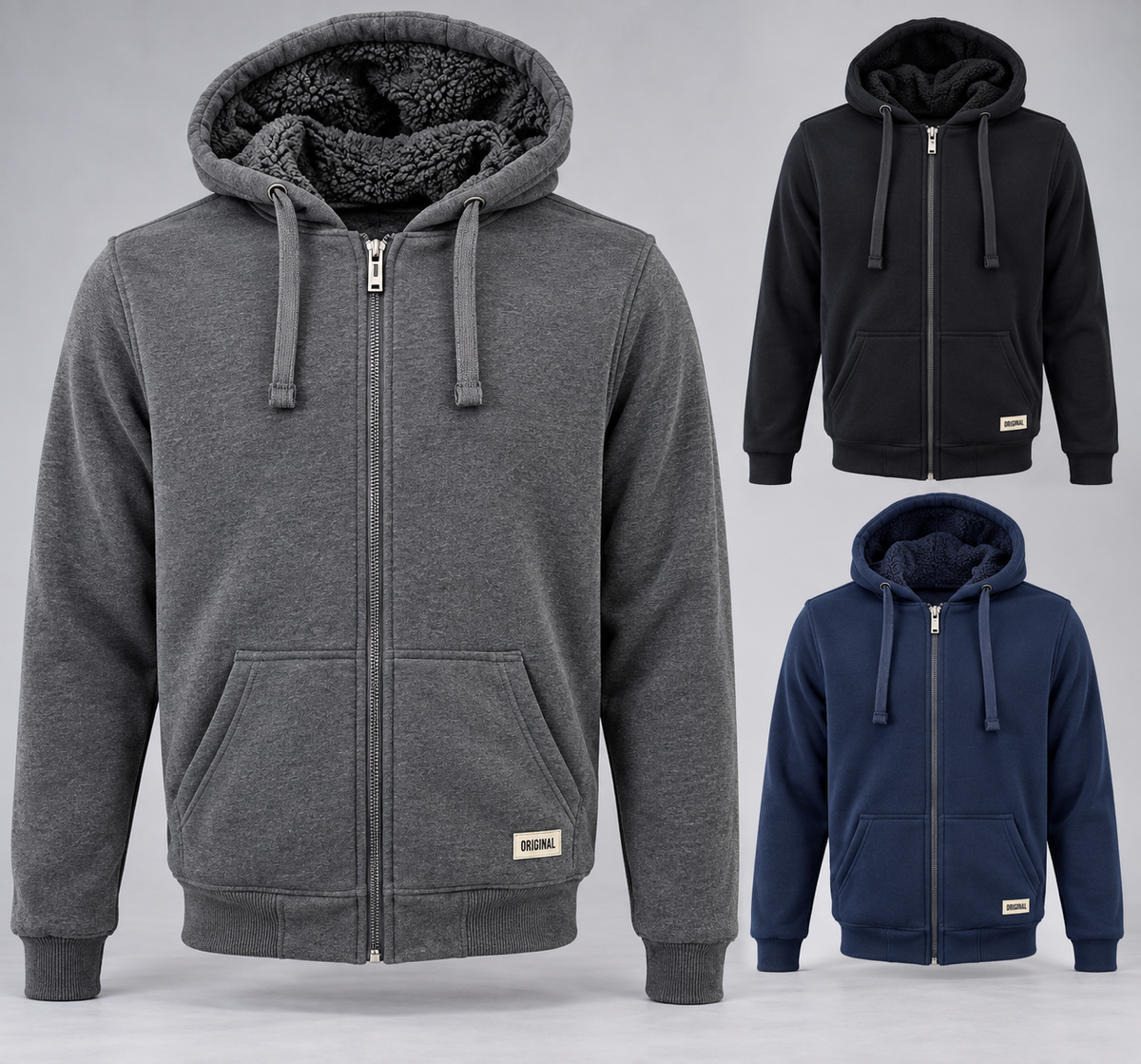 Heavyweight FleMen’s ece Fur-Lined Zip Through Hoodie – Kangaroo Pocket, Ribbed Cuffs & Hem – M–XXL
