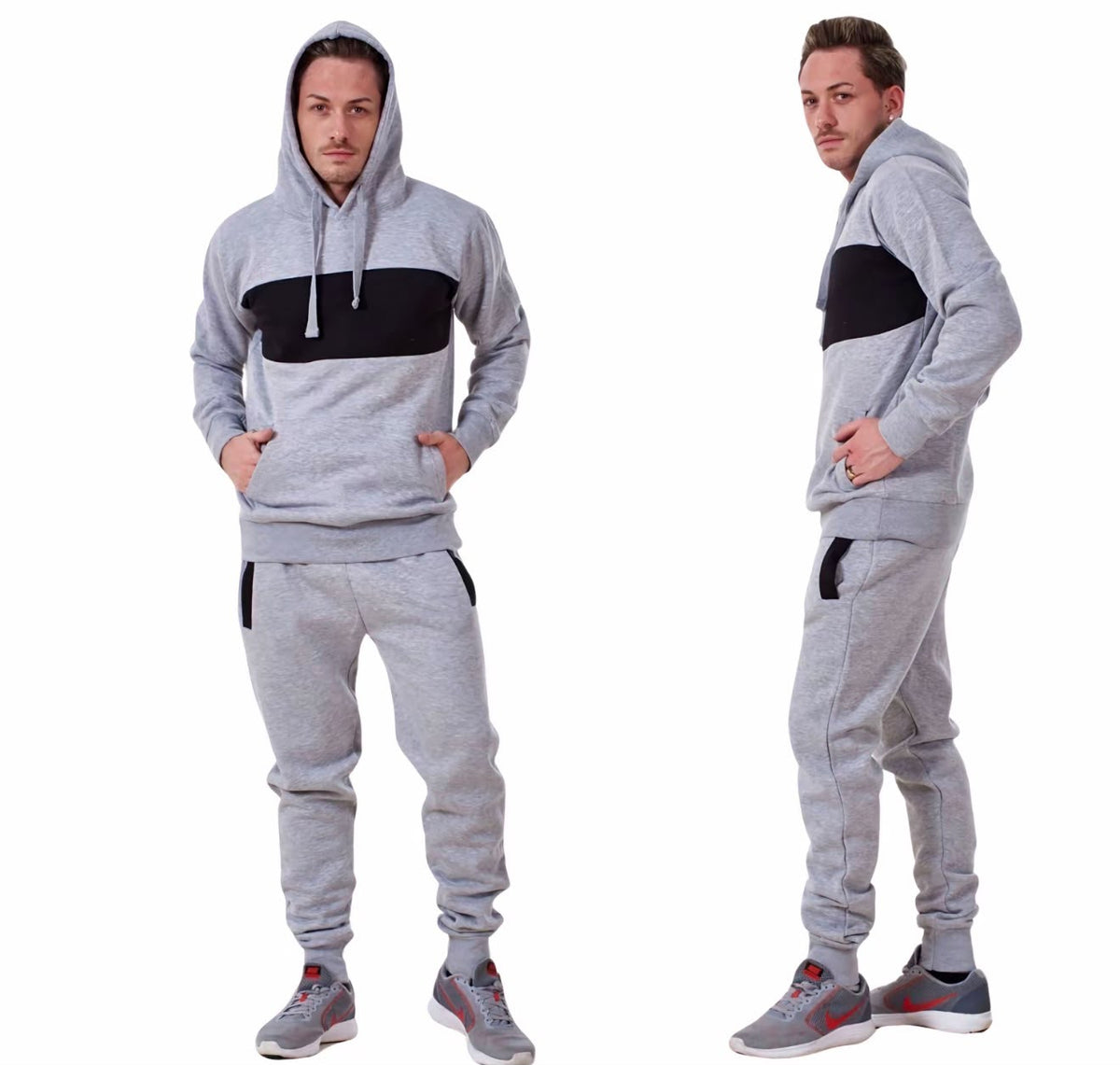 A man modeling a light gray heathered hooded sweatshirt and matching jogger pants set with a black color-block panel on the chest and black side accents, shown from front and back views against a white background.