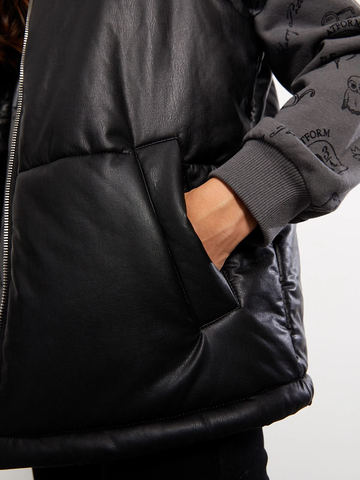 Stand Up Collar Plain Leather Look Inflatable Vest