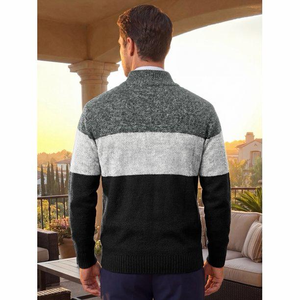INSPIRE CHIC Men's Sweater Jackets High Neck Contrast Stripes Sweater Jacket